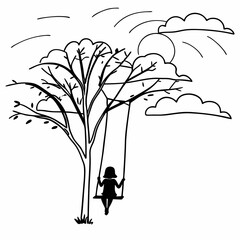 Simple line drawing of child on tree swing in park with clouds black and white coloring page illustration for kids activities