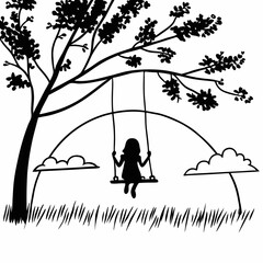 Girl child silhouette sitting on tree swing under branches black and white illustration vector art nature outdoor scene