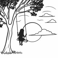 Child on tree swing silhouette black and white illustration peaceful outdoor scene nature landscape with clouds and grass