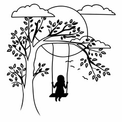 Child silhouette on tree swing under cloudy sky black and white line art illustration for coloring book pages and design