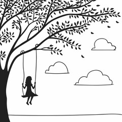 Child playing on tree swing silhouette black and white simple illustration outdoor nature scene with clouds and branches