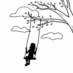 Child silhouette on tree swing simple line art black and white drawing childhood outdoor play vector illustration design
