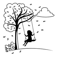 Child silhouette on tree swing under falling leaves black and white line art illustration vector drawing nature outdoor play