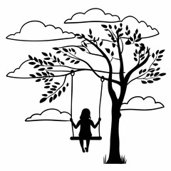Child silhouette on tree swing under cloudy sky black and white illustration vector art peaceful nature scene childhood memories