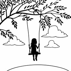 Child silhouette on tree swing under branches black and white line drawing illustration vector art nature outdoor scene