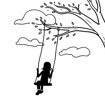 Child silhouette on tree swing simple line art black and white drawing childhood outdoor play vector illustration design