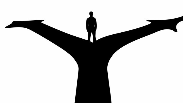 Silhouette of a person standing at a crossroads with two diverging paths in a black and white image