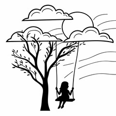Child on tree swing silhouette black and white line art drawing peaceful nature scene with clouds and branches illustration