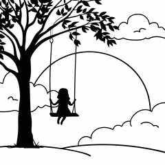 Silhouette of child girl on tree swing at sunset with clouds simple black and white illustration vector art design concept