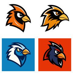 Obraz premium Four bird head illustrations in different color schemes and backgrounds in a square format layout