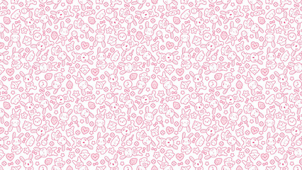 Seamless pattern with cute bunnies strawberries hearts stars and candies in pink and white colors