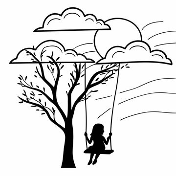 Child on tree swing silhouette black and white line art drawing peaceful nature scene with clouds and branches illustration