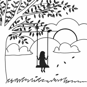 Child on tree swing silhouette black and white line art drawing nature outdoor scene coloring book style illustration vector