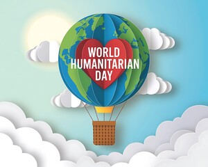 World humanitarian day celebrated with a hot air balloon carrying the earth and a heart