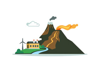 a simple flat 2d icon representing 'geothermal power', with a simple volcano icon that has a power plant on its slope harnessing its heat, minimalist design, solid green and brown colors