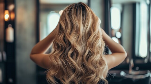 Woman touching long wavy blonde hair in bathroom mirror