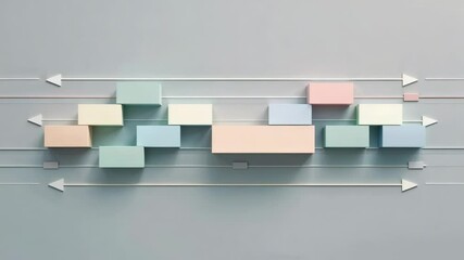 Starting loop showing pastel blocks sliding along three rails on grey wall, for rhythmic flow - Powered by Adobe