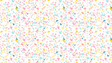 A terrazzo pattern with pastel colors scattered on a white background in a seamless repeat design