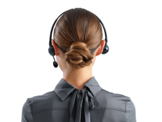 Business Support Representative: A focused and professional woman is portrayed from the back, wearing a headset. She is poised for effective communication.