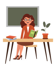 Teacher engaged in reading at a classroom desk with books and a plant in a lively learning environment. Flat style vector illustration. Cartoon character
