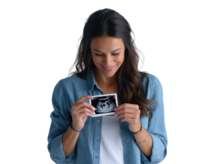 The anticipation of motherhood: A glowing woman gazes adoringly at an ultrasound image, symbolizing the profound bond of maternity and the wondrous beginning of life.