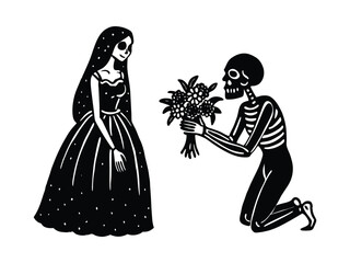  Skeleton Offering Flowers to Woman Hand-Drawn Symbolic Illustration of Love, Death, and Devotion