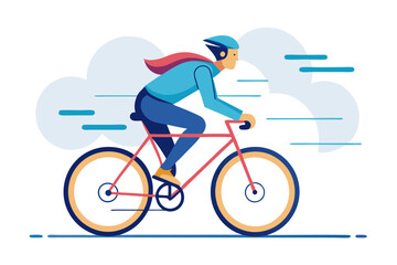 Fototapeta premium Colorful vector illustration of a young man cycling on a paved road surrounded by nature and blue sky.