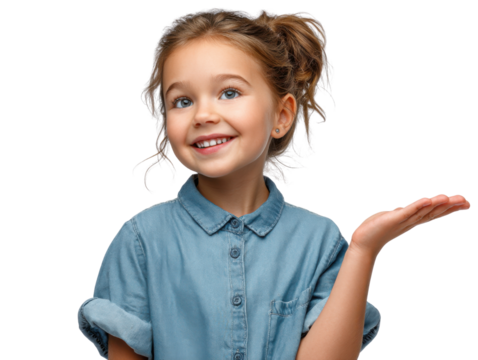 Joyful Gesture of a Girl: A young, charming girl, with a bright, toothy smile, extends her hand, offering a gesture of invitation or openness, exuding joy and approachability. 