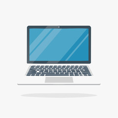 A flat illustration of an open laptop computer with a blue screen, ready for use.