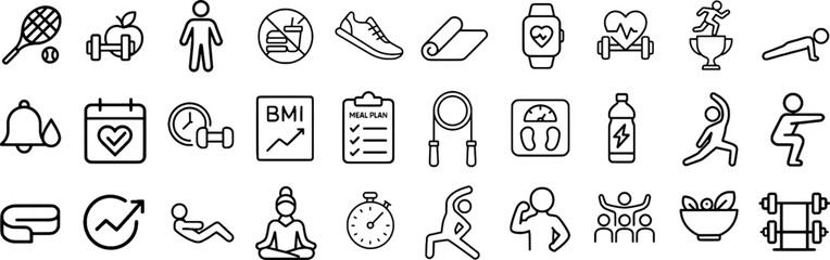 Fitness and Wellness Stroke Icon Set — Featuring Exercise, Nutrition, Heart Health, Mindfulness, and Daily Activity Symbols in Editable Outline Style.