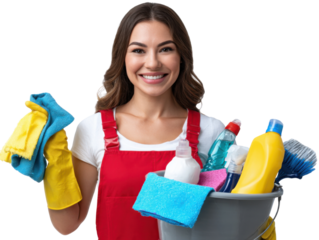 Smiling Cleaner with Cleaning Supplies: A portrait of a cheerful female cleaner holding a bucket filled with various cleaning supplies. Showcasing a dedicated, professional.