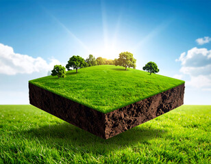 Floating grassy land piece with sunrise and trees, concept of natural environment and real estate.