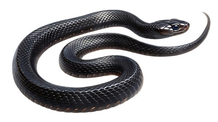 Sleek black snake coiled with blue eyes isolated on transparent background