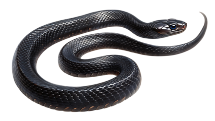 Sleek black snake coiled with blue eyes isolated on transparent background
