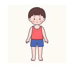 front view pose of a cute little boy in summer outfit – sleeveless shirt and shorts