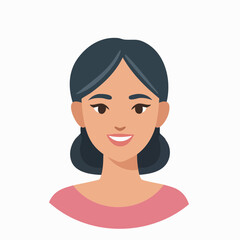 Smiling young woman with dark hair, simple pink top, avatar illustration.