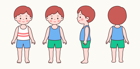 Front, Back, and Side View Set of a Cute Little Boy in Summer Outfit – Sleeveless Shirt and Shorts