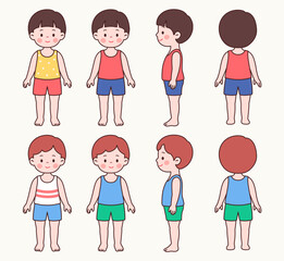 Pose Set of Two Boys in Summer Clothes – Front, Back, Side Views
