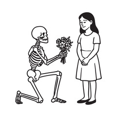  Skeleton Offering Flowers to Woman in Dress – Symbolic Love and Life-Death Illustration