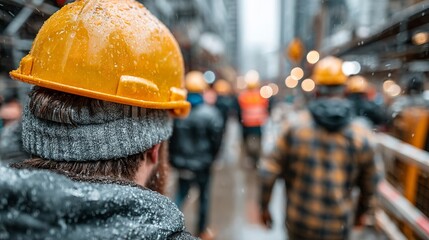 Tower crane towering above a busy building site with workers wearing safety gear --chaos 100 
