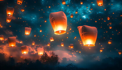 glowing lanterns illuminate night sky celebration generated by ai