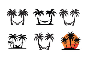 Tropical Palm Tree and Hammock Silhouette Vector Set, Island Paradise Vacation Icons for Beach Summer Design