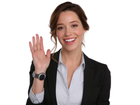 Smiling Businesswoman: A friendly businesswoman waves hello, projecting confidence and approachability. Her warm smile and welcoming gesture create a positive and inviting image.