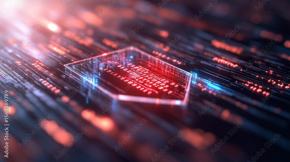 Poster abstract digital illustration of a cybersecurity shield with data streams and glowing elements in a 