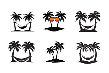 Tropical Palm Tree and Hammock Silhouette Vector Set, Island Paradise Vacation Icons for Beach Summer Design
