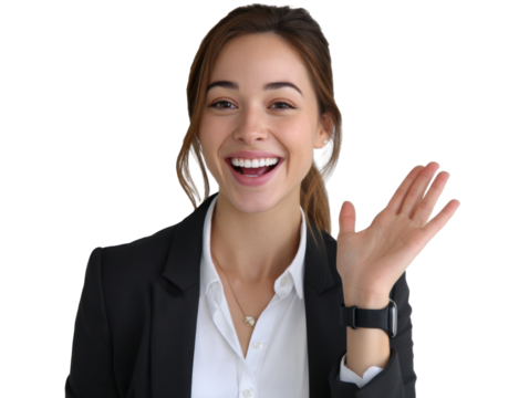 A Warm Greeting in the Workplace: A friendly woman in professional attire waves enthusiastically, exuding approachability and warmth, perfect for conveying welcoming gestures in a business context.