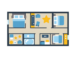 Fototapeta premium a simple flat 2d icon of a 'hotel floor plan with highlighted rooms and stars', indicating well reviewed room types, minimalist design, solid gray, blue, and yellow colors, clean sharp lines
