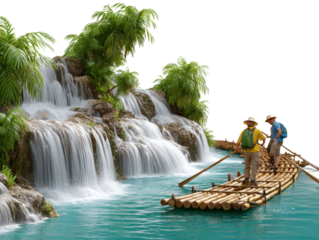 Waterfall Adventure: Two individuals, clad in adventurer's attire, journey across a tranquil blue river on a bamboo raft, passing by a majestic waterfall. It's a celebration of travel, discovery.