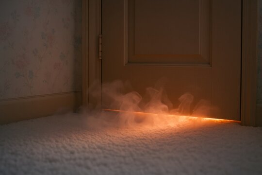 Mysterious Smoke Drifting Underneath Closed Door Hints at Hidden Drama, Igniting Curiosity, intrigue and maybe a little bit of fear.