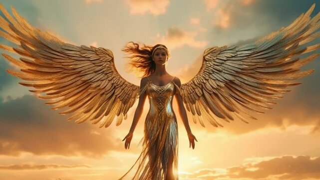 Golden Angel with Wings Standing at Sunset - Beautiful Mythical Scene